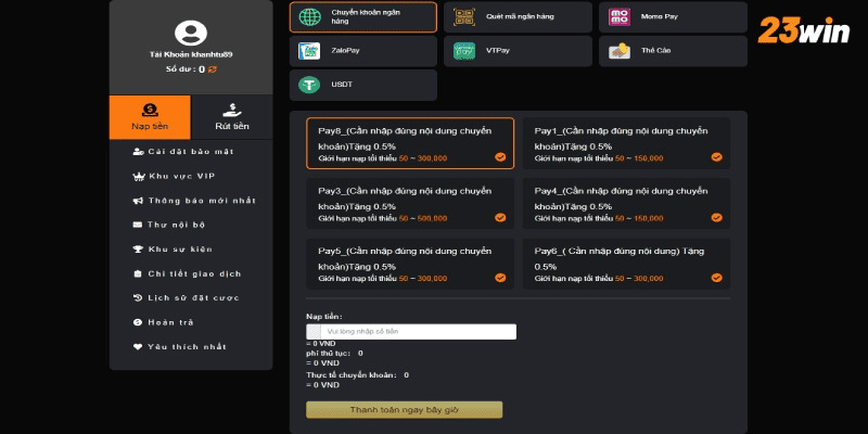 phương thức nạp tiền 23win